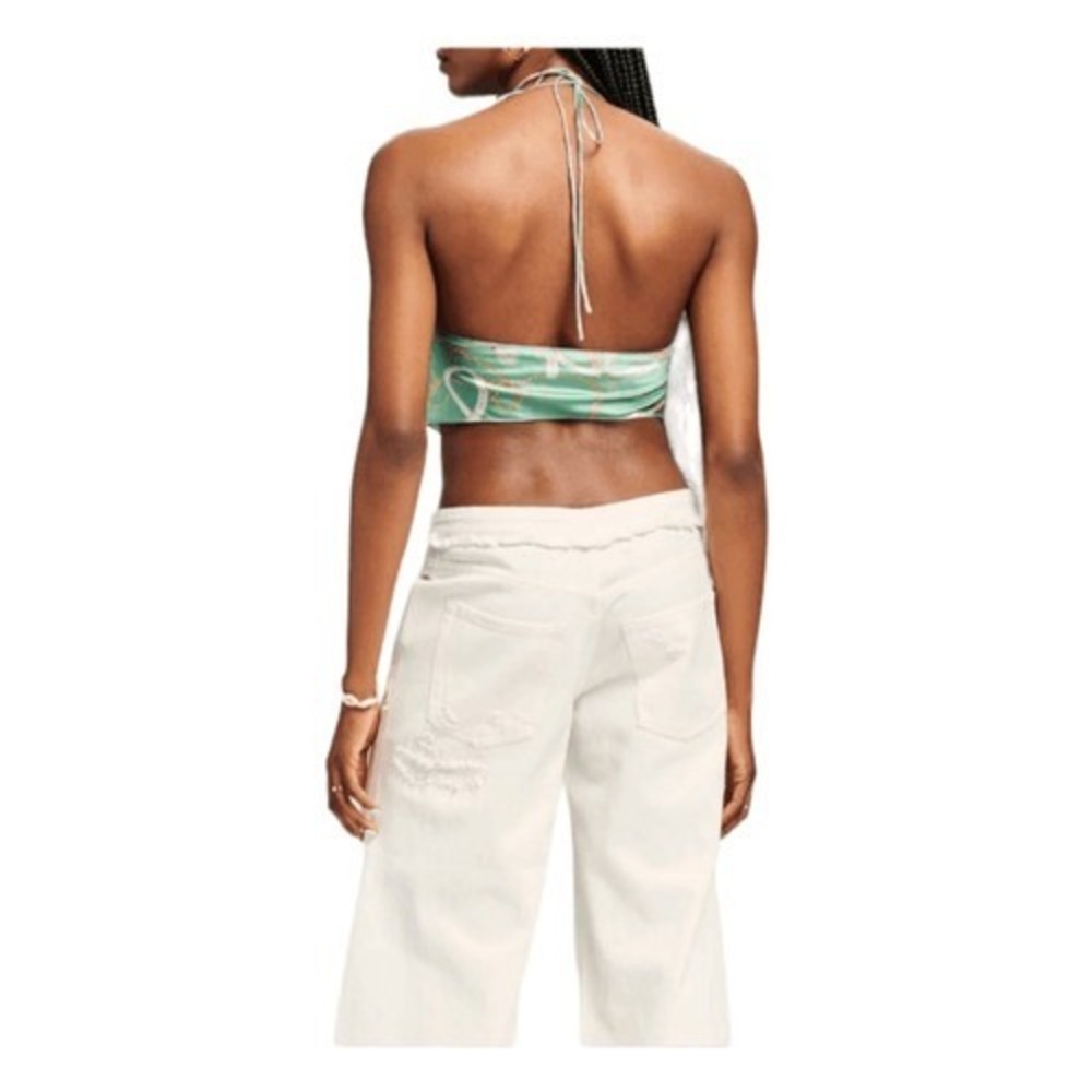 SER.O.YA Ellison Nautical Print Silk Crop Top Green Halter Cowl Neck Sleeveless - Picture 7 of 8
